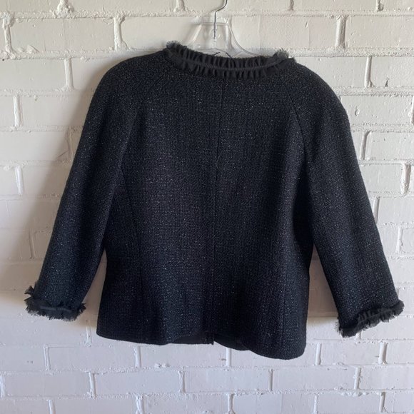 Talbots Sparkly Black Metallic Long Sleeve V-Neck Ruffle Trim Jacket Size 10 - Picture 5 of 6